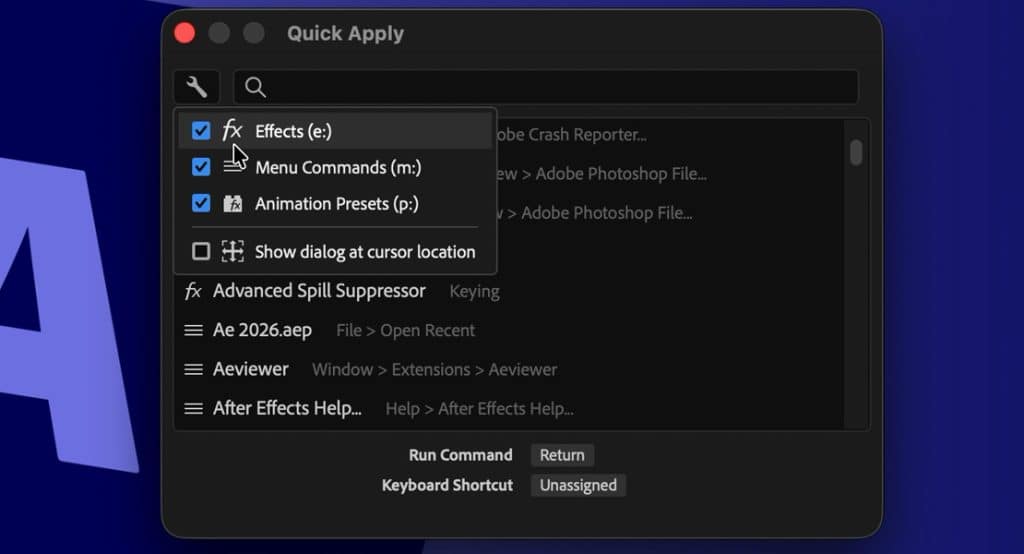 פקודת Quick Apply להחלת אפקטים, תבניות אנימציה ותפריטים באפטר אפקטס 2026